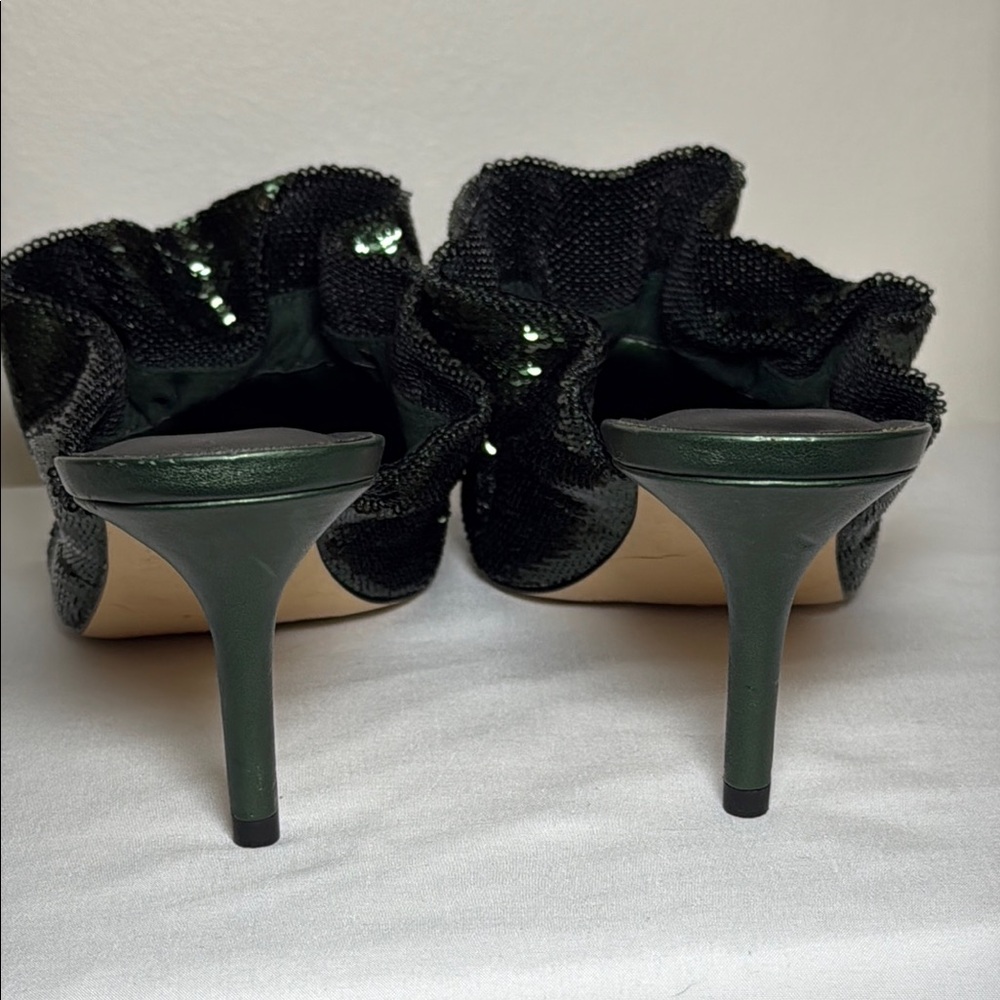 Gianni Bini Dark Green Ruffle and Sequin Kitten Heels - Picture 6 of 13